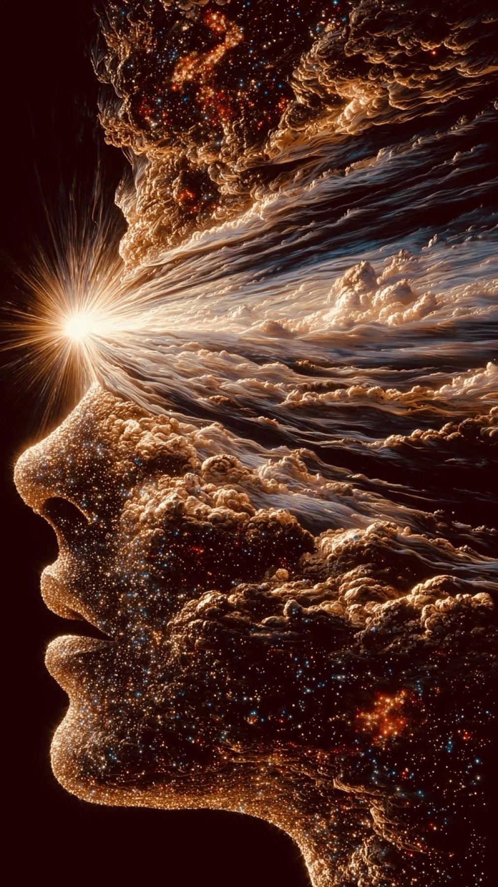 A cosmic profile with light bursting from the brow, the face made of stars and cloud.