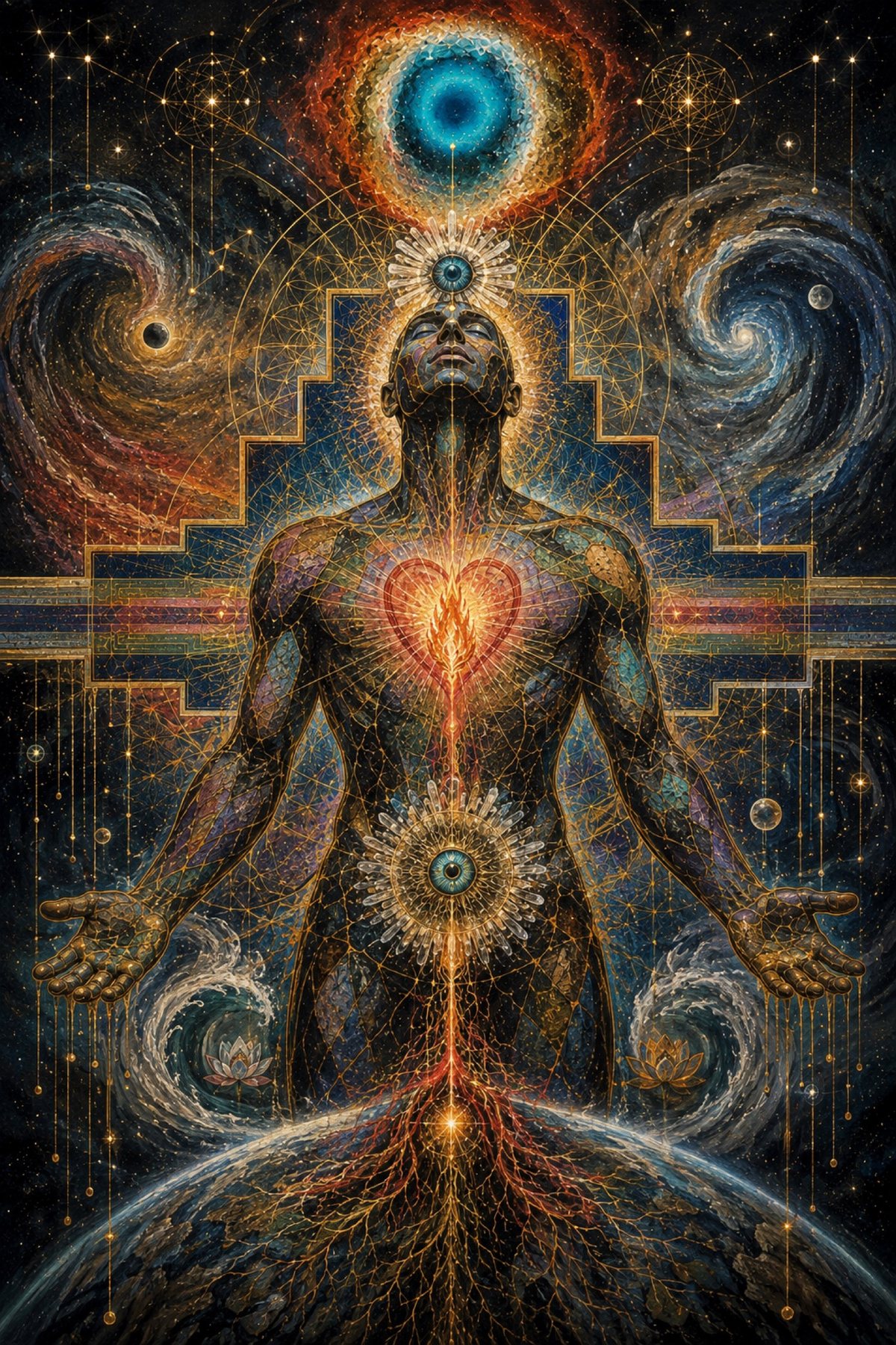 A vessel looking toward Source, heart-flame lit, roots entering the earth, galaxies turning at either side.