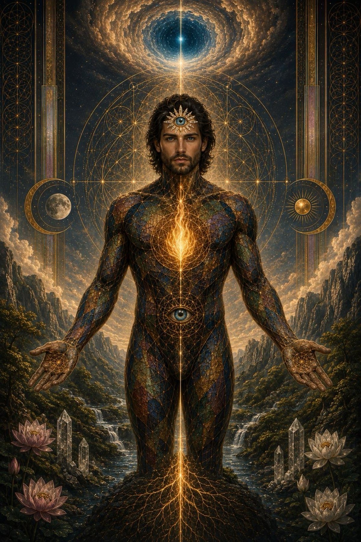 A human vessel of geometric gold facing the viewer, third eye open, hands offered, rooted in earth between moon and sun.